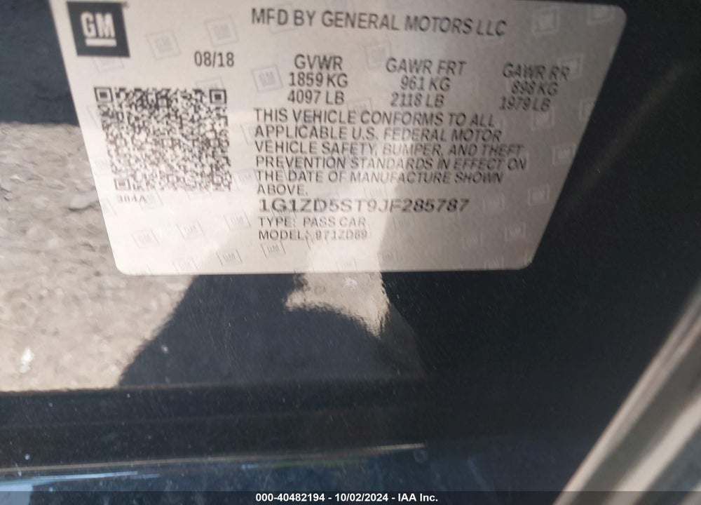 2018 CHEVROLET MALIBU LT VIN: 1G1ZD5ST9JF285787