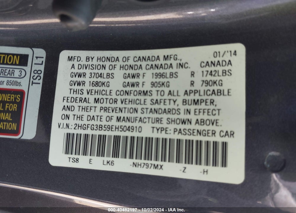 2014 HONDA CIVIC LX VIN: 2HGFG3B59EH504910