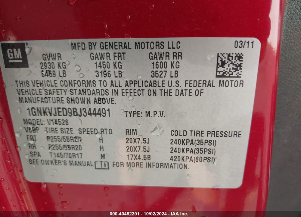 2011 CHEVROLET TRAVERSE 2LT VIN: 1GNKVJED9BJ344491