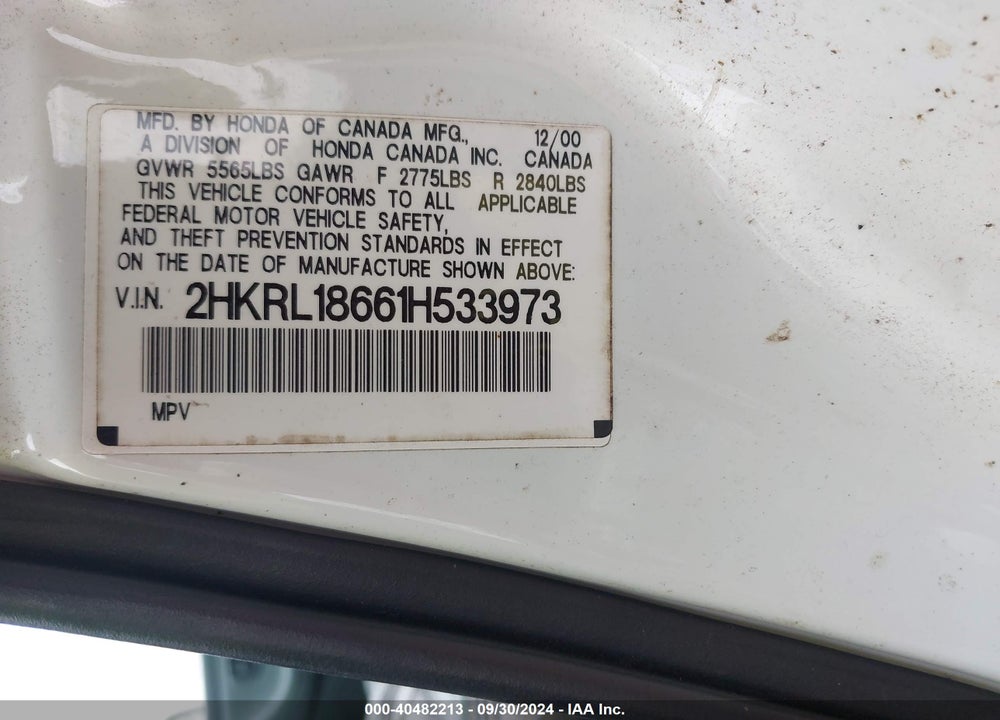 2001 HONDA ODYSSEY EX VIN: 2HKRL18661H533973