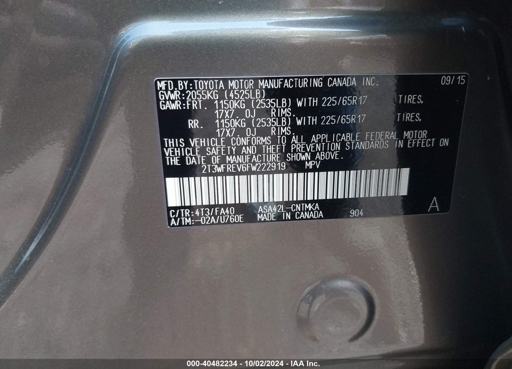 2015 TOYOTA RAV4 XLE VIN: 2T3WFREV6FW222919