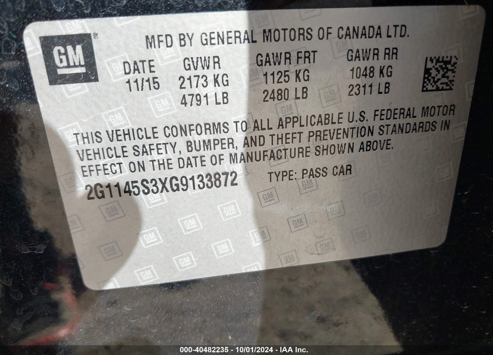2016 CHEVROLET IMPALA 2LZ VIN: 2G1145S3XG9133872