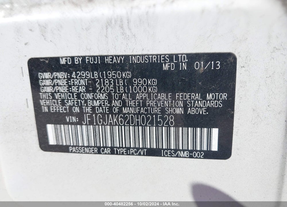 2013 SUBARU IMPREZA 2.0I LIMITED VIN: JF1GJAK62DH021528