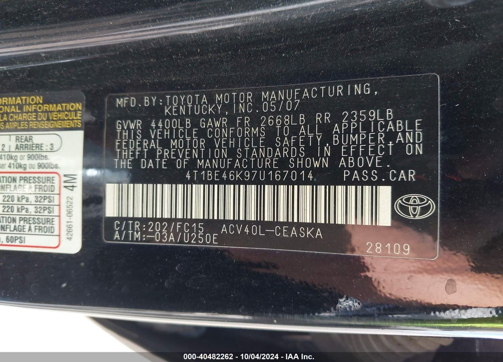 2007 TOYOTA CAMRY SE VIN: 4T1BE46K97U167014
