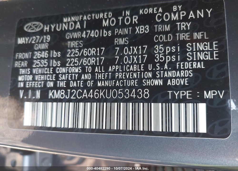 2019 HYUNDAI TUCSON SE VIN: KM8J2CA46KU053438