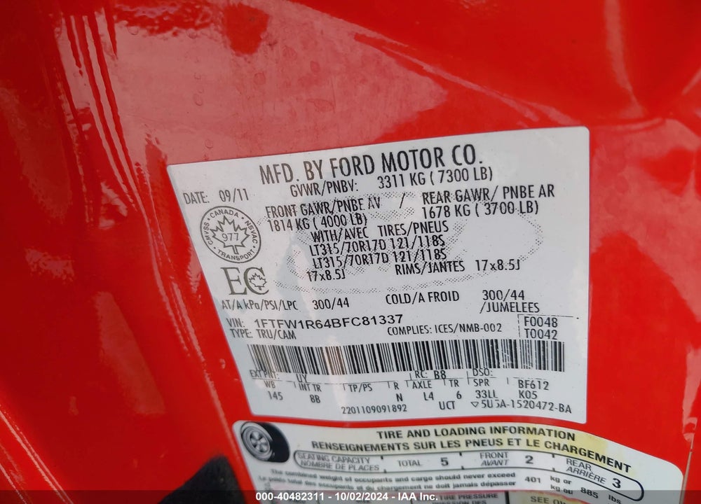 2011 FORD F-150 SVT RAPTOR VIN: 1FTFW1R64BFC81337