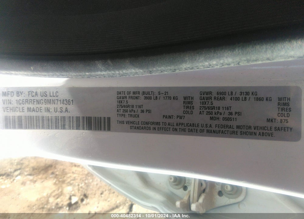 2021 RAM 1500 TRADESMAN 4X4 6'4 BOX VIN: 1C6RRFNG9MN714361
