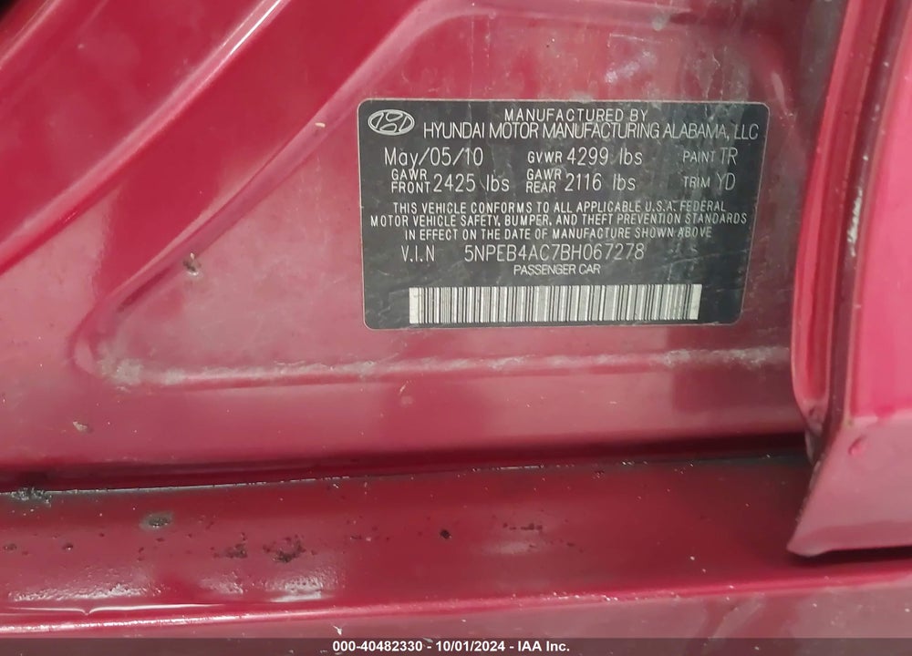 2011 HYUNDAI SONATA GLS VIN: 5NPEB4AC7BH067278