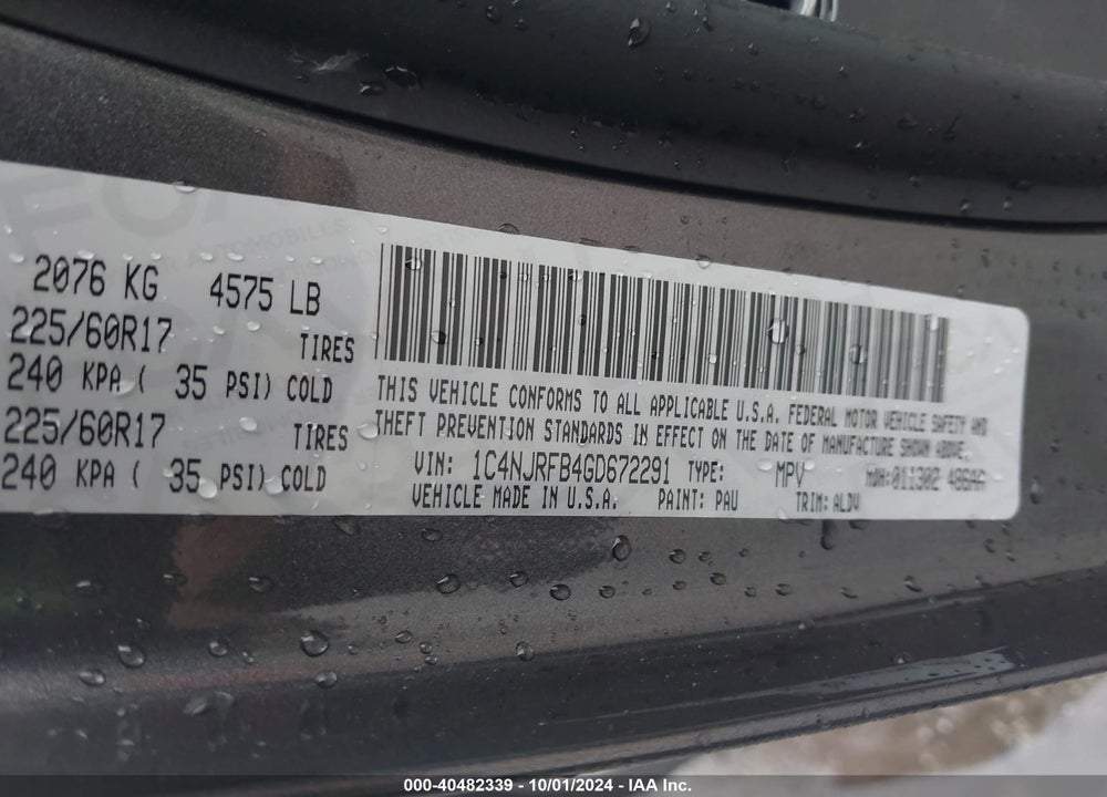 2016 JEEP PATRIOT HIGH ALTITUDE EDITION VIN: 1C4NJRFB4GD672291