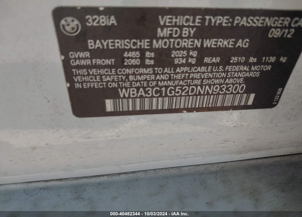 2013 BMW 328I VIN: WBA3C1G52DNN93300