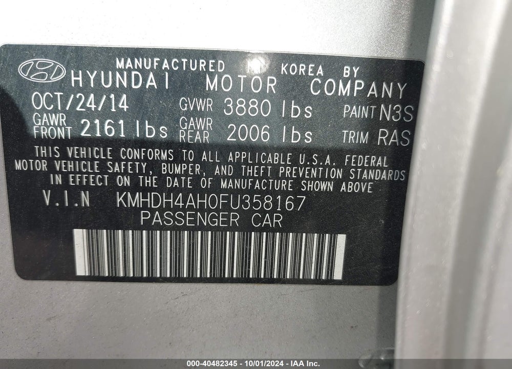 2015 HYUNDAI ELANTRA VIN: KMHDH4AH0FU358167