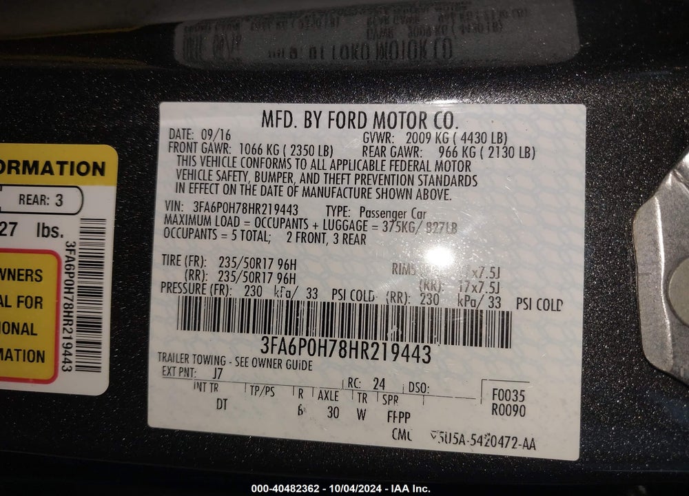 2017 FORD FUSION SE VIN: 3FA6P0H78HR219443
