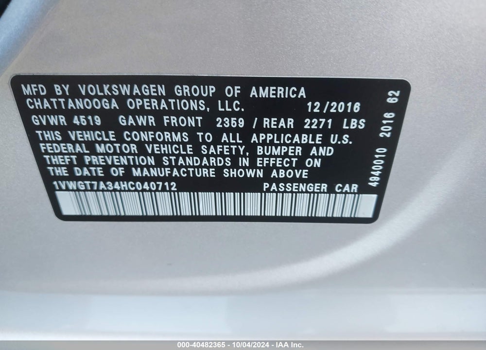 2017 VOLKSWAGEN PASSAT 1.8T SE VIN: 1VWGT7A34HC040712