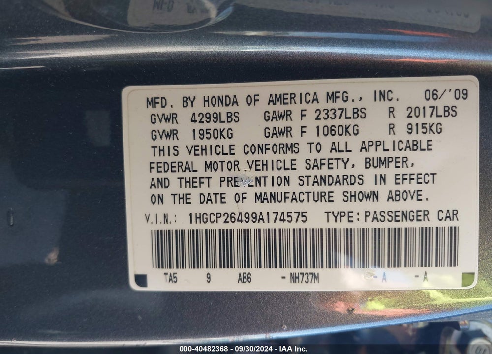 2009 HONDA ACCORD 2.4 LX-P VIN: 1HGCP26499A174575