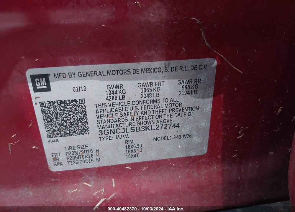 2019 CHEVROLET TRAX LT VIN: 3GNCJLSB3KL272744