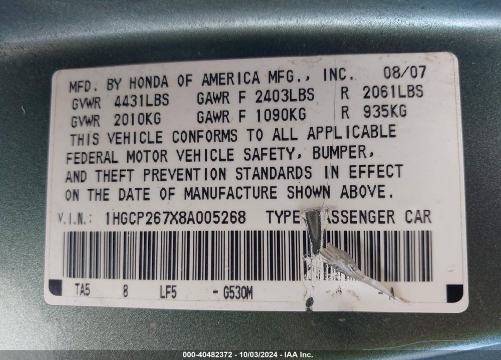 2008 HONDA ACCORD SDN EX VIN: 1HGCP267X8A005268