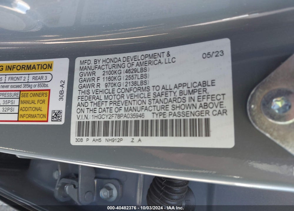 2023 HONDA ACCORD HYBRID SPORT-L VIN: 1HGCY2F78PA035946