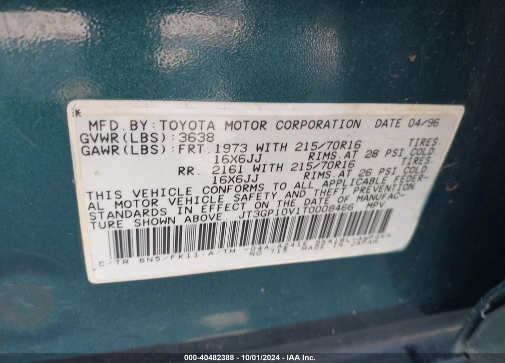 1996 TOYOTA RAV4 VIN: JT3GP10V1T0008466
