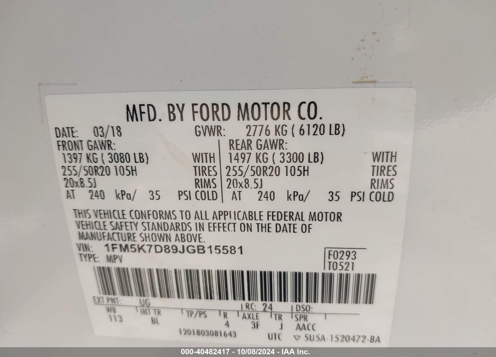2018 FORD EXPLORER XLT VIN: 1FM5K7D89JGB15581