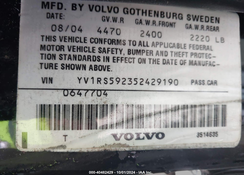 2005 VOLVO S60 2.5T VIN: YV1RS592352429190