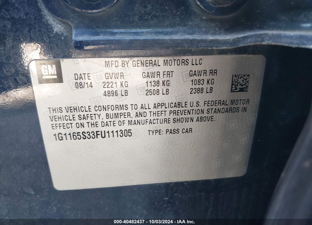 2015 CHEVROLET IMPALA 2LZ VIN: 1G1165S33FU111305