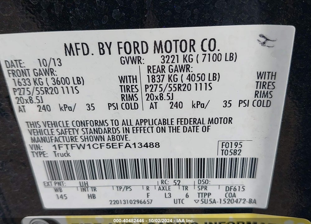 2014 FORD F-150 LARIAT VIN: 1FTFW1CF5EFA13488
