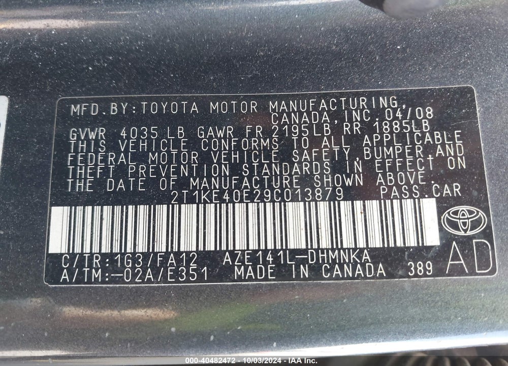 2009 TOYOTA MATRIX S VIN: 2T1KE40E29C013879