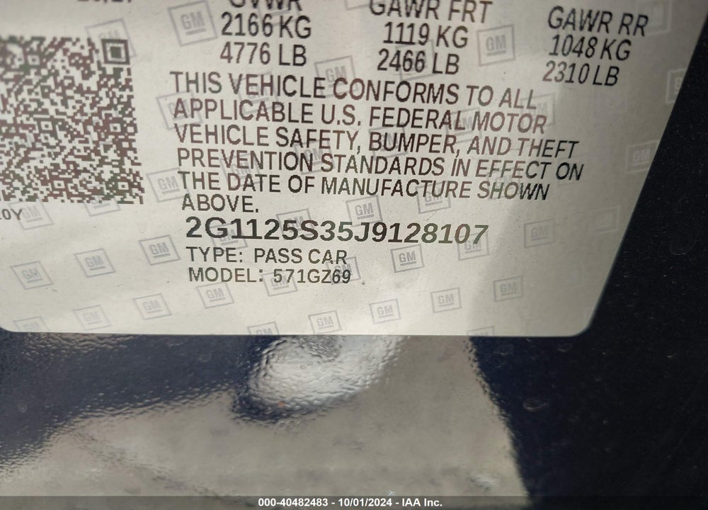 2018 CHEVROLET IMPALA 2LZ VIN: 2G1125S35J9128107