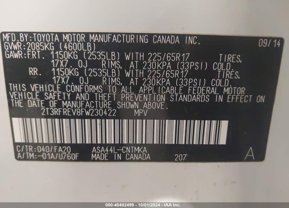 2015 TOYOTA RAV4 XLE VIN: 2T3RFREV8FW230422