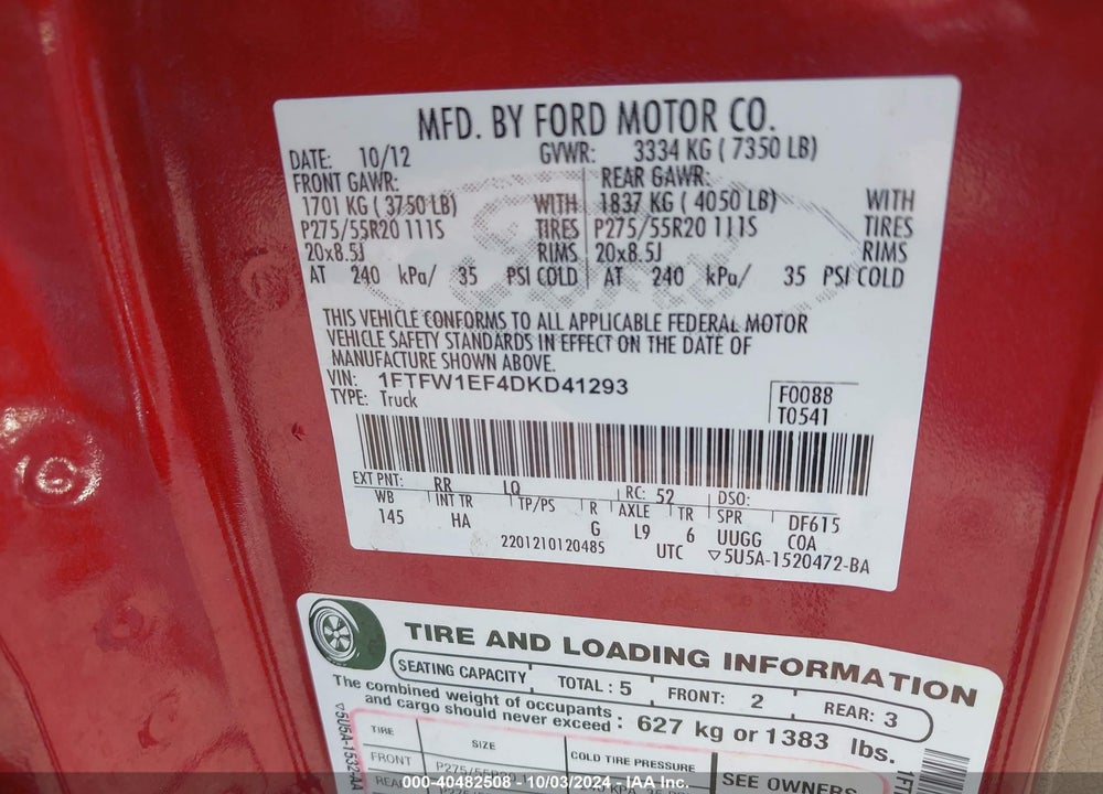 2013 FORD F-150 LARIAT VIN: 1FTFW1EF4DKD41293