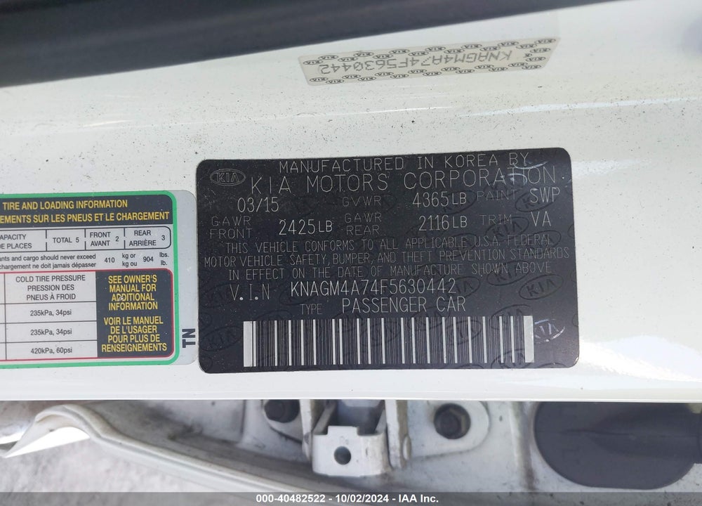 2015 KIA OPTIMA LX VIN: KNAGM4A74F5630442