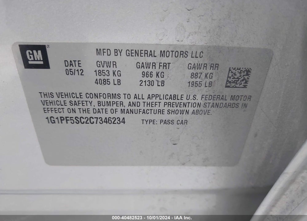 2012 CHEVROLET CRUZE 1LT VIN: 1G1PF5SC2C7346234