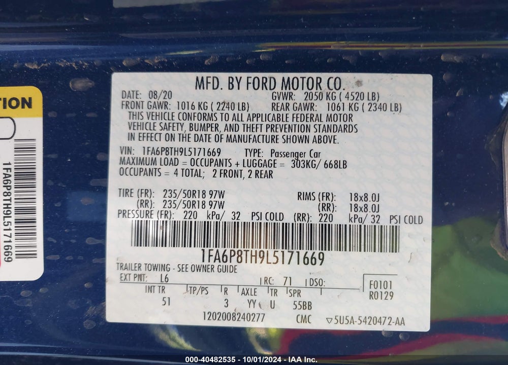 2020 FORD MUSTANG ECOBOOST PREMIUM VIN: 1FA6P8TH9L5171669