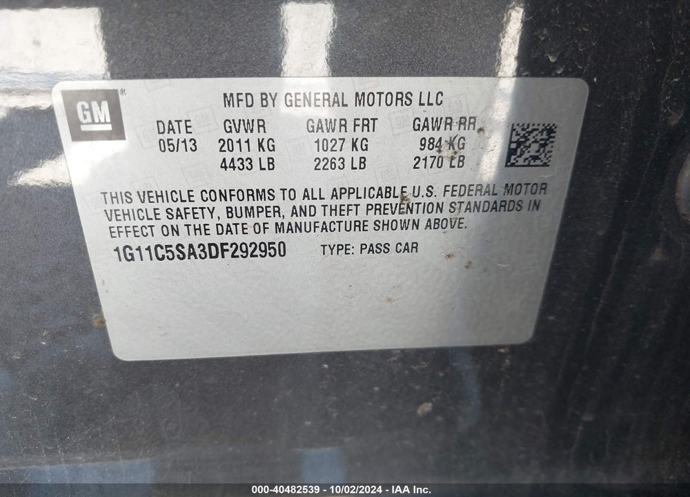 2013 CHEVROLET MALIBU 1LT VIN: 1G11C5SA3DF292950