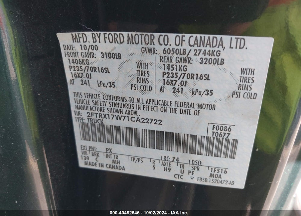2001 FORD F-150 LARIAT/XL/XLT VIN: 2FTRX17W71CA22722