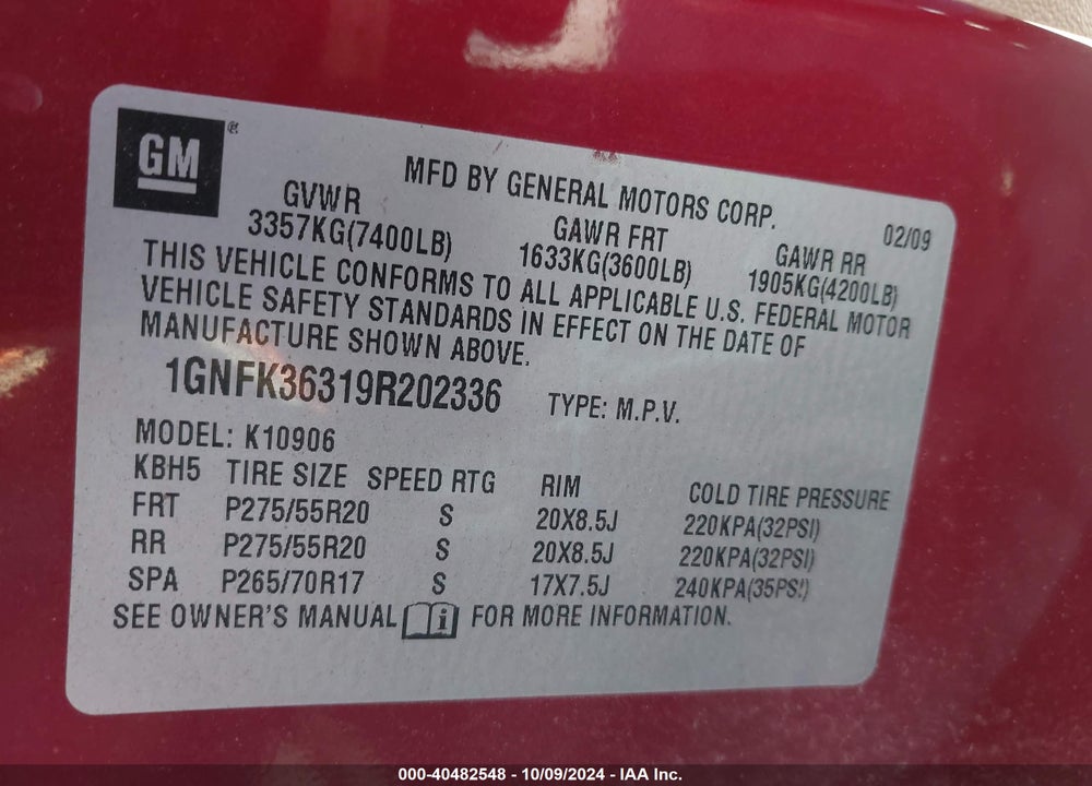 2009 CHEVROLET SUBURBAN 1500 LTZ VIN: 1GNFK36319R202336