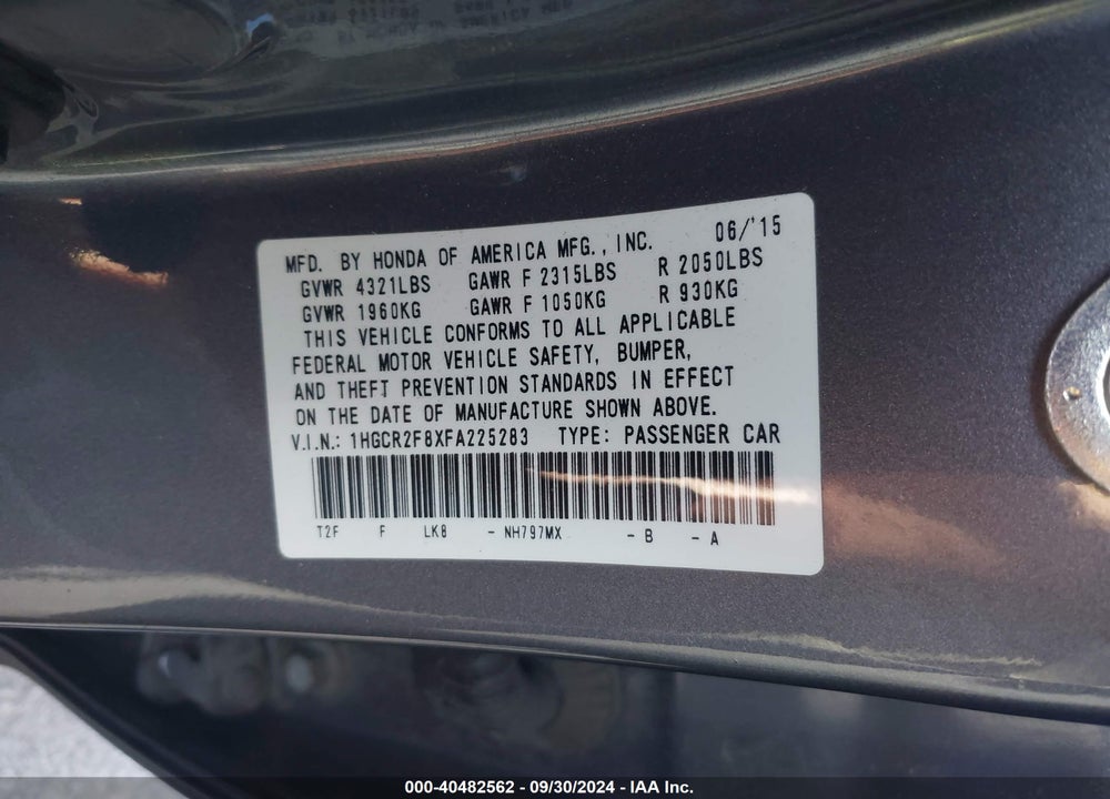 2015 HONDA ACCORD EX-L VIN: 1HGCR2F8XFA225283