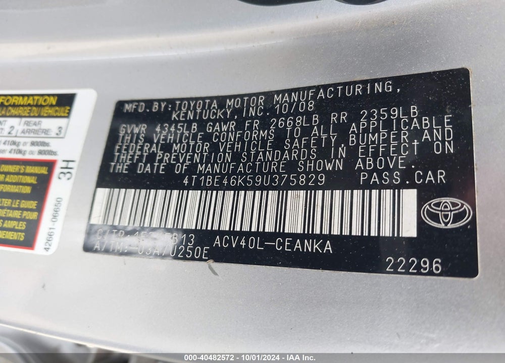 2009 TOYOTA CAMRY LE VIN: 4T1BE46K59U375829