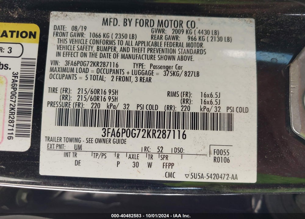 2019 FORD FUSION S VIN: 3FA6P0G72KR287116