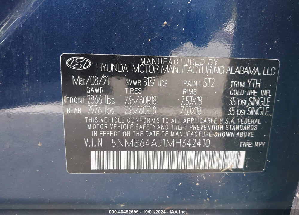 2021 HYUNDAI SANTA FE SEL VIN: 5NMS64AJ1MH342410