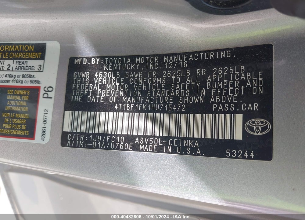2017 TOYOTA CAMRY LE VIN: 4T1BF1FK1HU715472
