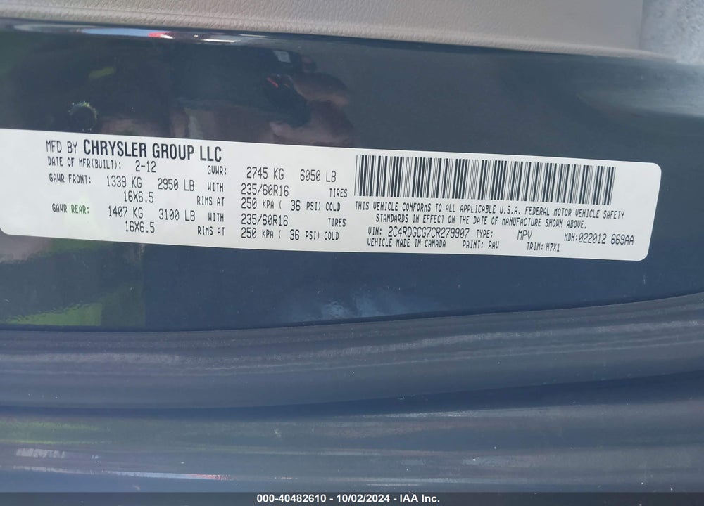 2012 DODGE GRAND CARAVAN SXT VIN: 2C4RDGCG7CR279907