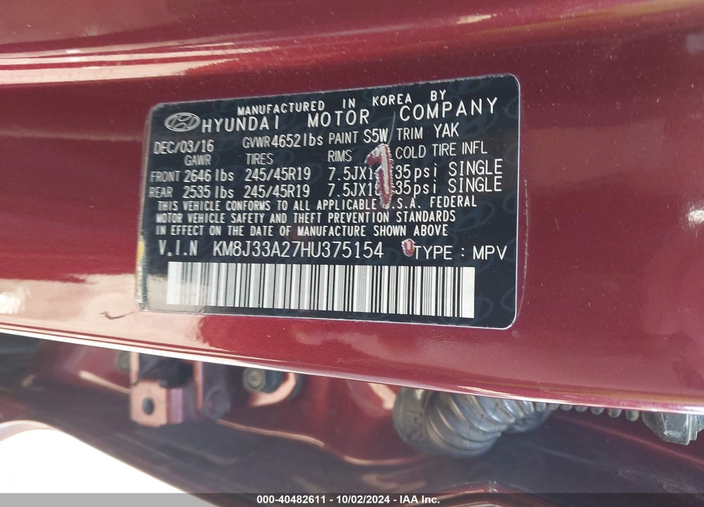 2017 HYUNDAI TUCSON LIMITED VIN: KM8J33A27HU375154