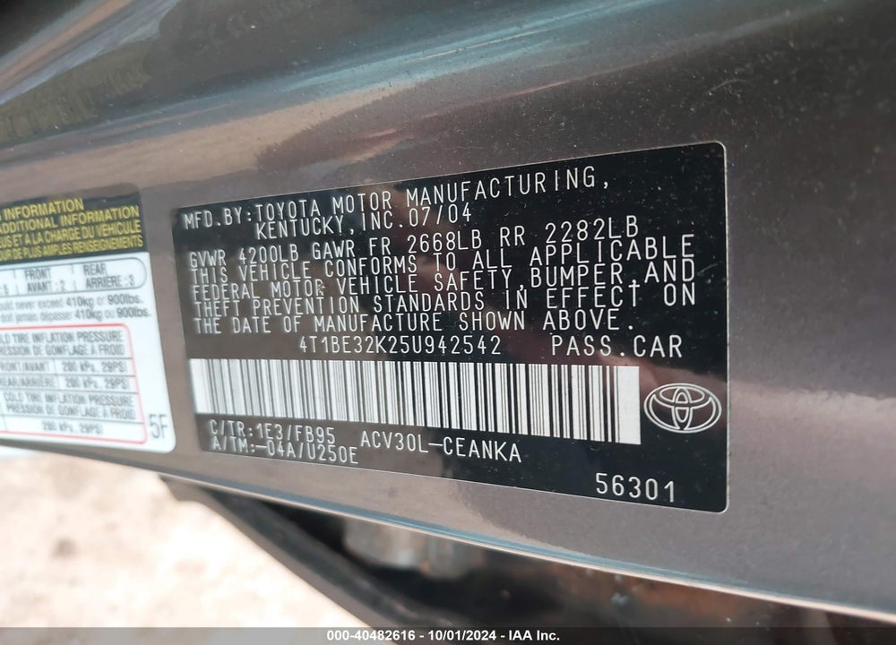 2005 TOYOTA CAMRY LE VIN: 4T1BE32K25U942542