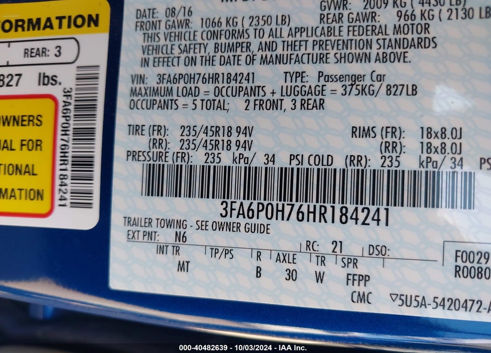 2017 FORD FUSION SE VIN: 3FA6P0H76HR184241