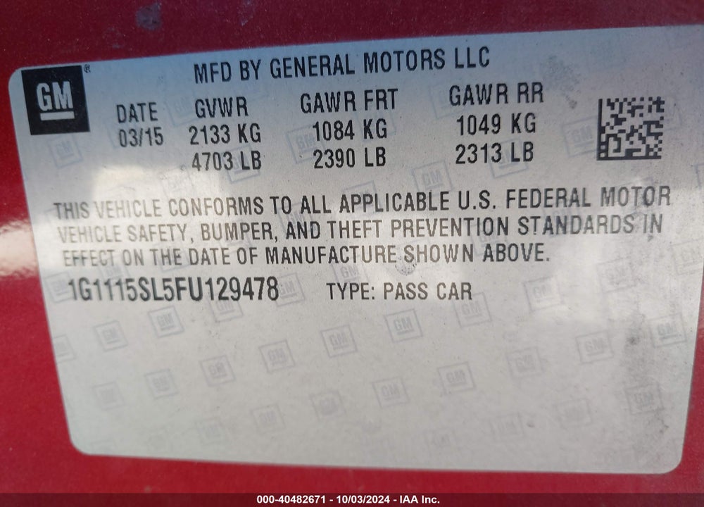 2015 CHEVROLET IMPALA 1LT VIN: 1G1115SL5FU129478