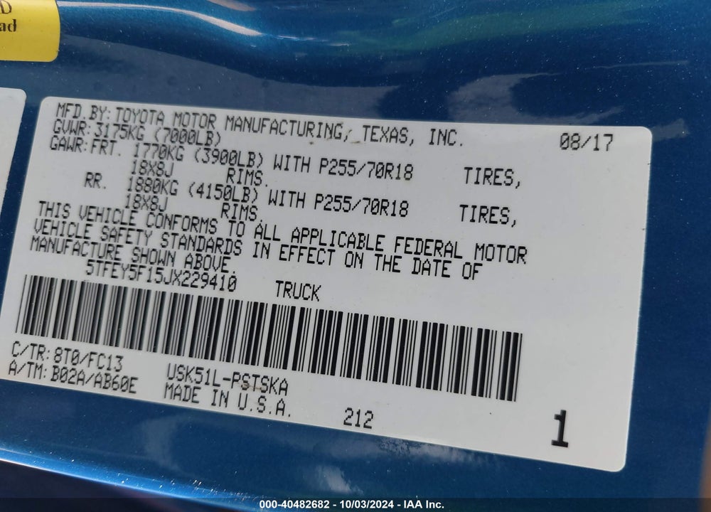 2018 TOYOTA TUNDRA SR5 5.7L V8 VIN: 5TFEY5F15JX229410