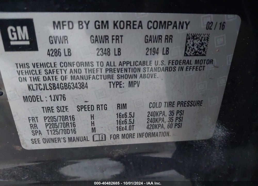 2016 CHEVROLET TRAX LT VIN: KL7CJLSB4GB634384