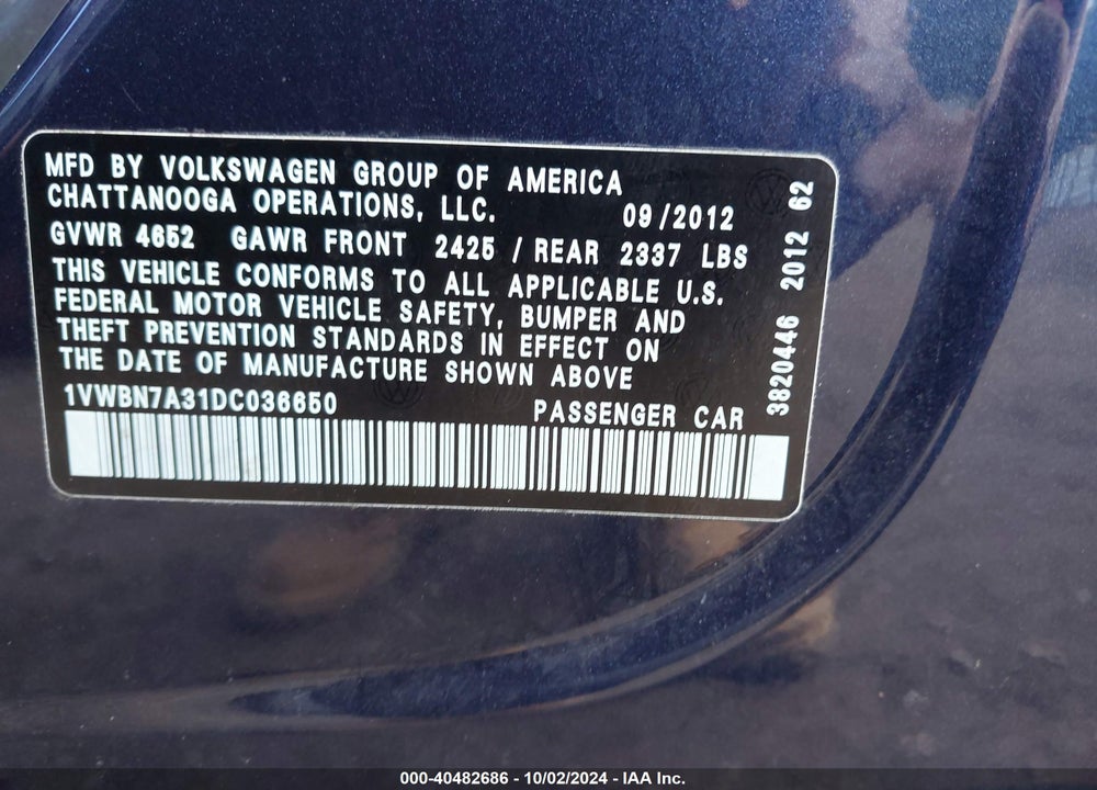 2013 VOLKSWAGEN PASSAT 2.0L TDI SE VIN: 1VWBN7A31DC036650