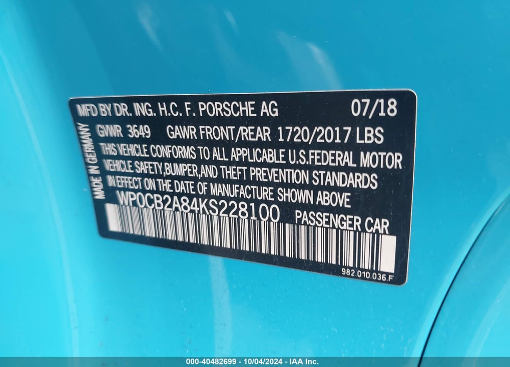 2019 PORSCHE 718 BOXSTER GTS/S VIN: WP0CB2A84KS228100